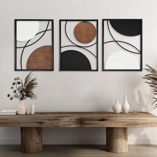 Abstract Planetary Metal Wall Art Set of 3 with Wood Accents