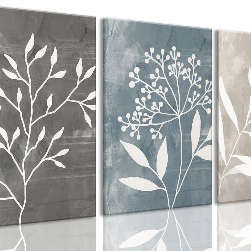 Blue Grey Beige Botanical Floral Decorative Framed Canvas Art Set