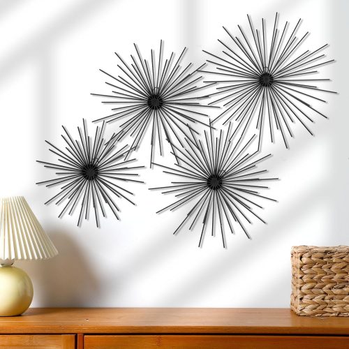 Black Starburst Metal Wall Decor Set of 4 with 3D Design