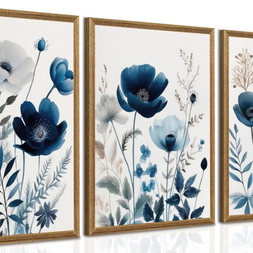 Blue Floral Watercolor Decorative Framed Art Set
