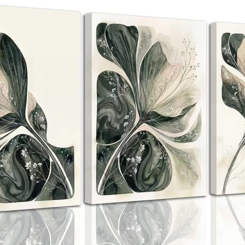 Green Leaf Watercolor Floral Decorative Framed Canvas Art Set