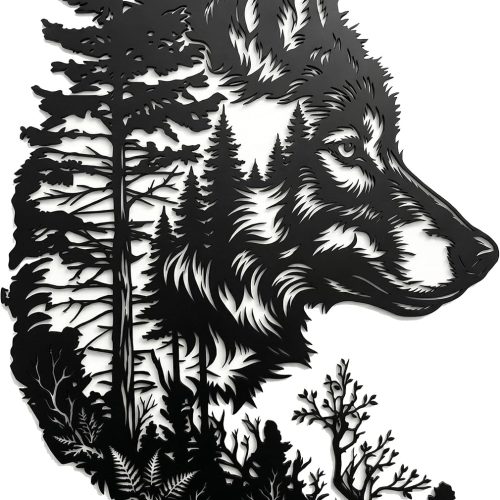 Wolf Silhouette Metal Wall Art with Pine Tree Forest