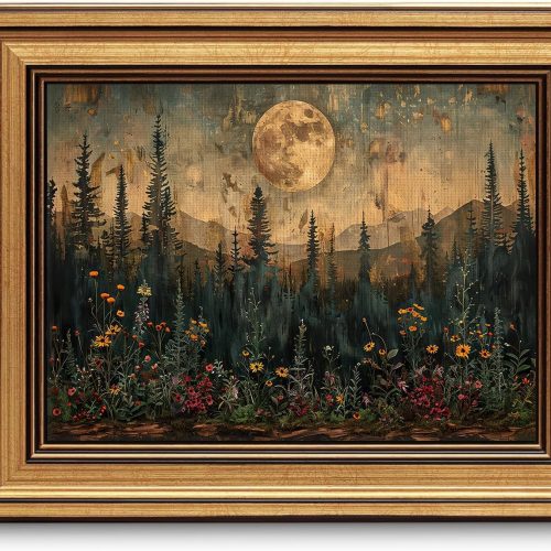 Moonlit Forest Landscape Gold Framed Art