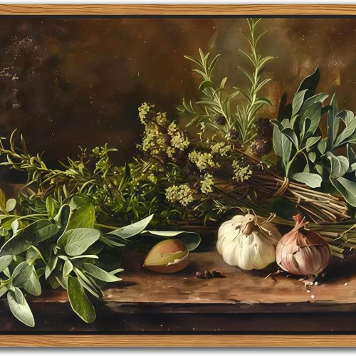 Vintage Kitchen Herbs Botanical Floral Decorative Framed Art