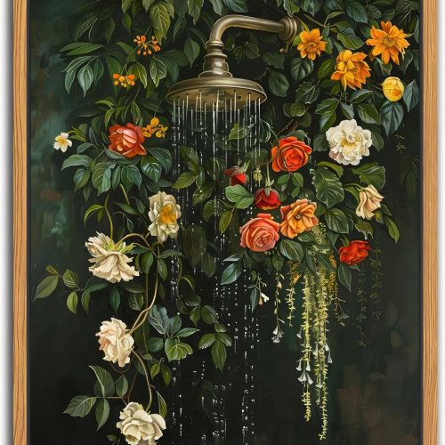 Red Rose Shower Head Framed Floral Decorative Wall Art
